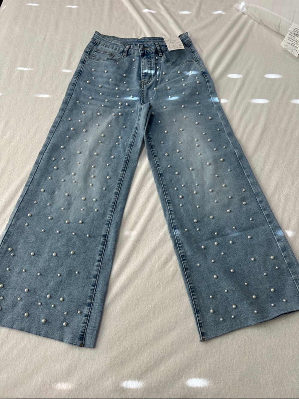 Kedera Women’s Pearl-Embellished Wide Leg Jeans - Light Blue